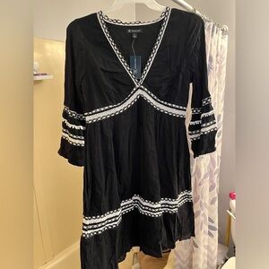 Embroidered black bell sleeve v neck dress